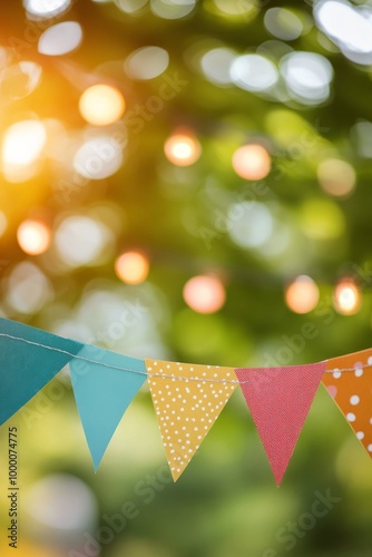 Colorful festive bunting adorned with lights in a park during a warm summer e...