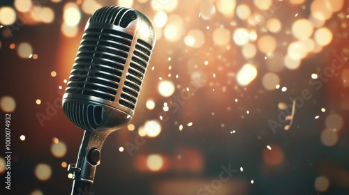 Vintage microphone on stage with shimmering lights creating a festive atmosph...