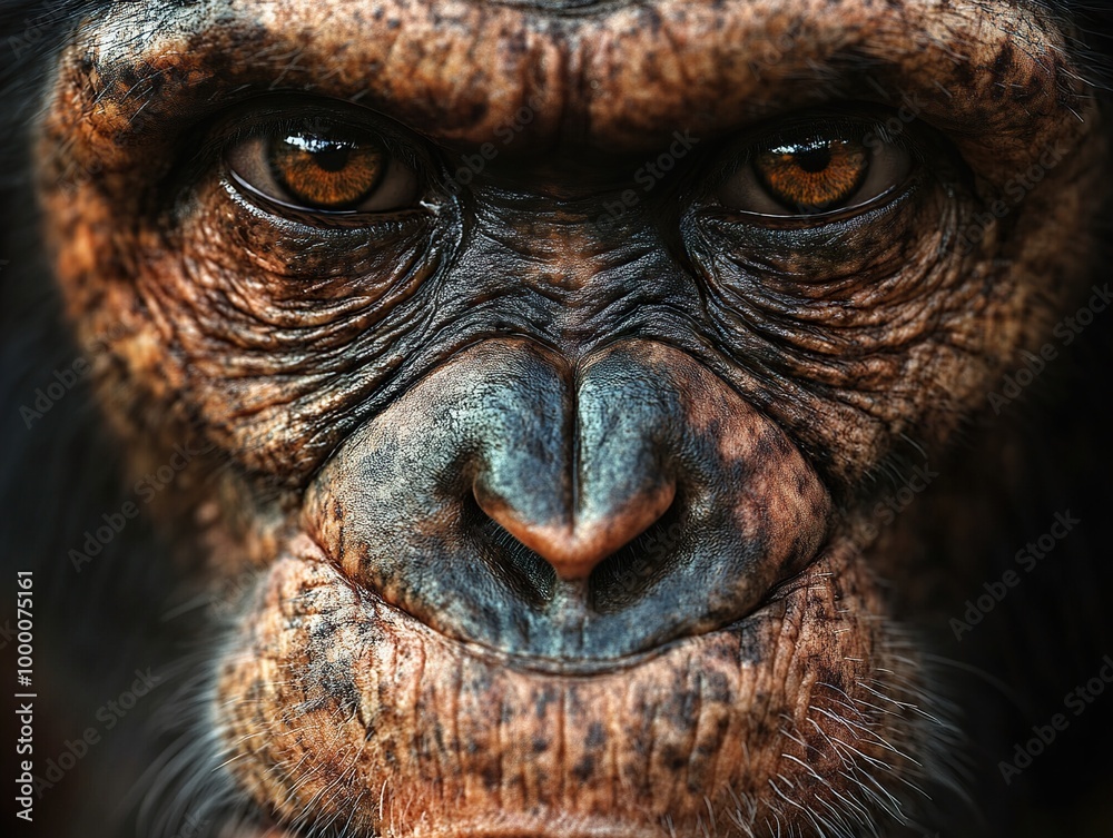 Close-Up Portrait of a Chimpanzee's Intense Gaze Close-Up Portrait of a Chimpanzee's Intense Gaze