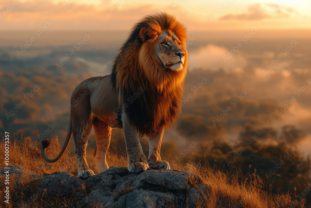 Obraz premium A majestic lion standing proudly on a hilltop, isolated on a pastel beige background, symbolizing strength and dominance,