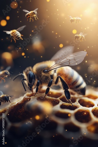 Bees collecting nectar from a honeycomb with a golden glow in a vibrant garde...