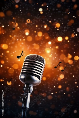 A close-up of a microphone against a blurred background of warm, glowing ligh...