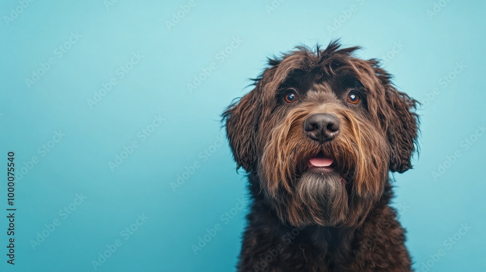 A close-up of a brown dog with a friendly expression against a light blue background. A close-up of a brown dog with a friendly expression against a light blue background.