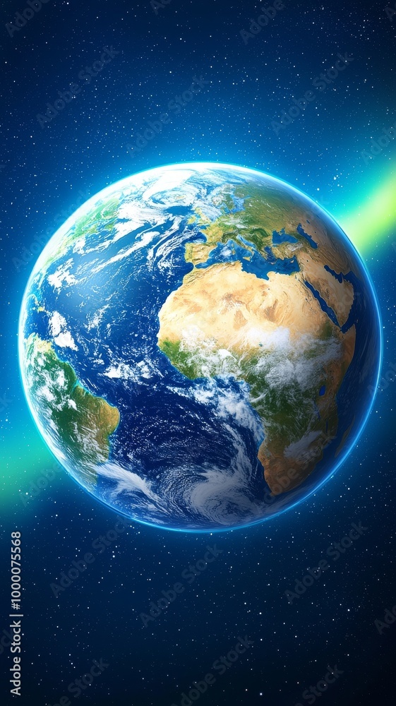 Naklejka premium Earth from space, showcasing continents and oceans with vibrant colors against a dark starry background.