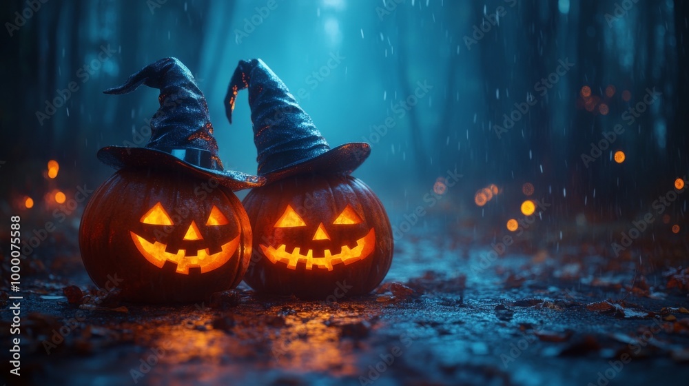 Fototapeta premium Glowing Jack-o'-Lanterns with Witch Hats in a Spooky Halloween Forest