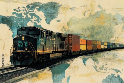 A Freight Train and a World Map Abstractly Painted on a Wall