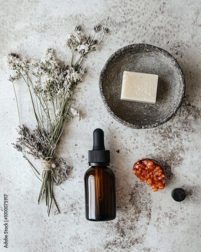 A flat lay of wild-harvested organic skincare ingredients like sea buckthorn, wild rosehip oil, and lavender, with rustic packaging and nature-inspired textures, highlighting the natural beauty photo