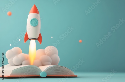 A colorful rocket lifting off from an open book against a playful background