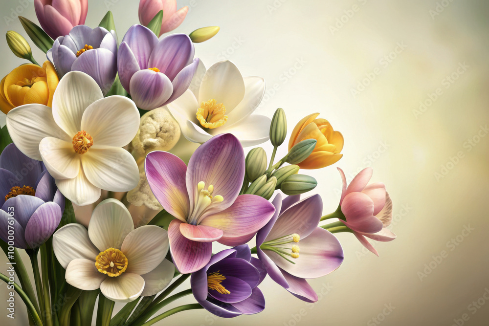 A vibrant bouquet of spring flowers in soft pastel hues illuminated by gentle natural light, bringing joy and freshness indoors. Generative AI A vibrant bouquet of spring flowers in soft pastel hues illuminated by gentle natural light, bringing joy and freshness indoors. Generative AI