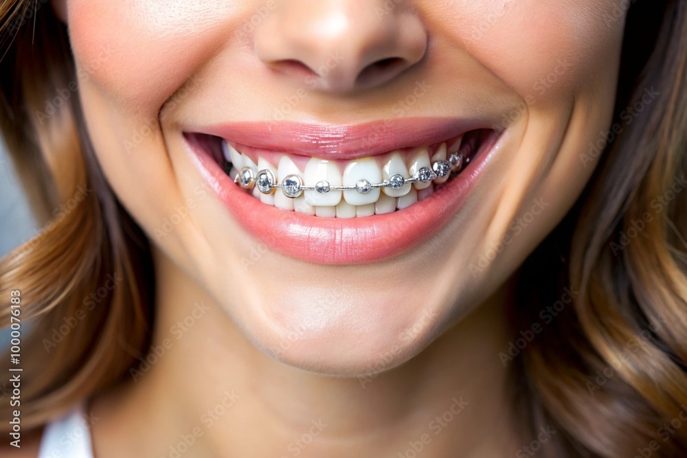 Obraz premium A woman with braces on her teeth is smiling