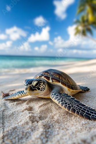 Sea turtle resting on sandy beach under bright blue sky with fluffy clouds