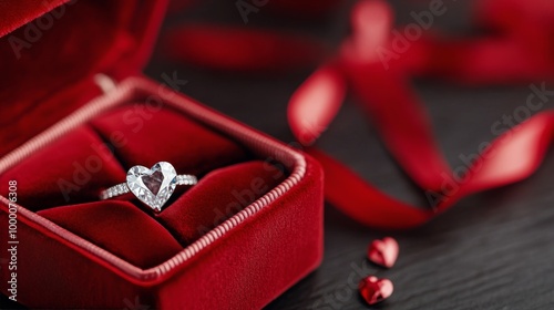 Elegant heart-shaped diamond ring displayed in a luxurious red velvet box for...