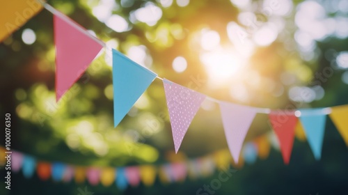 Colorful string of festival bunting decorations in a sunlit outdoor setting d...