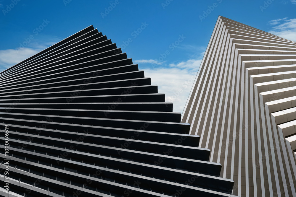 Close-up beautiful geometric background of two modern high-rise buildings.