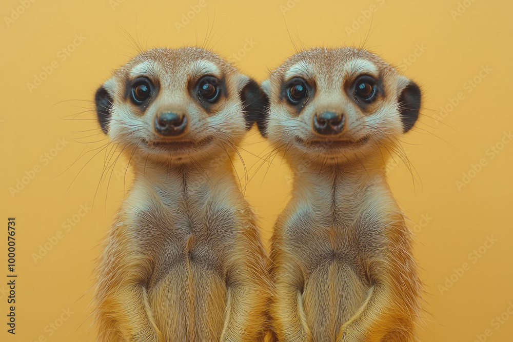 Fototapeta premium A pair of meerkats standing on their hind legs, isolated on a pastel beige background, showcasing their alert and curious nature,
