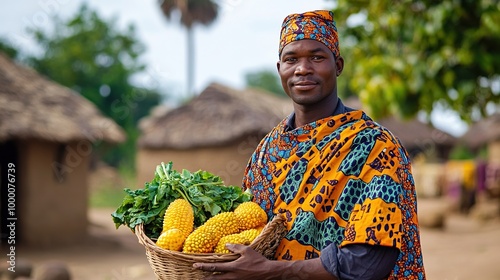 A man dressed in a traditional Malawian chitengi, standing in front of a vibrant village with colorful textiles.
