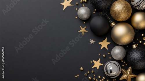 Elegant black and gold Christmas ornaments arranged on a dark surface for fes...