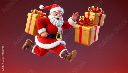 Sanata running with presents on dark red background