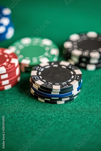 Colorful poker chips stacked on a green felt table during a lively casino nig...