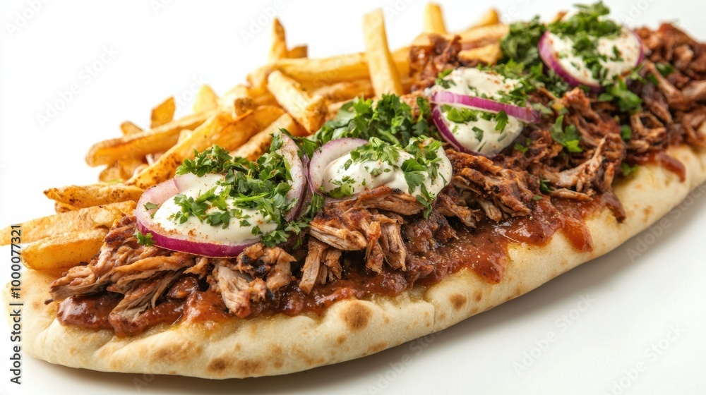 Grilled Beef Sandwich with French Fries and Fresh Vegetable Garnish on Wooden Platter Grilled Beef Sandwich with French Fries and Fresh Vegetable Garnish on Wooden Platter