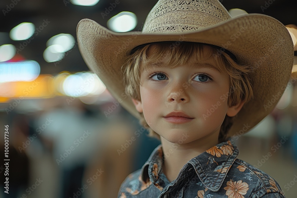 A Young Cowboy in a Floral Shirt Enjoys the Excitement of Rodeo Activities at a Vibrant Fair A Young Cowboy in a Floral Shirt Enjoys the Excitement of Rodeo Activities at a Vibrant Fair
