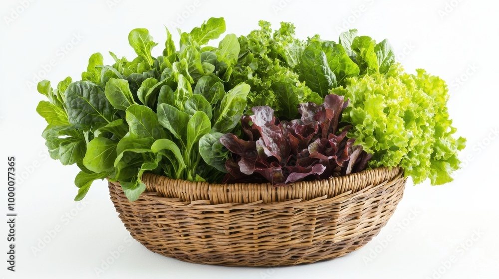Assortment of Fresh Leafy Greens in a Wicker Basket Assortment of Fresh Leafy Greens in a Wicker Basket