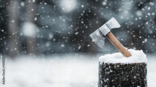 An axe rests on a snowy log in a tranquil winter forest during a snowfall in ...