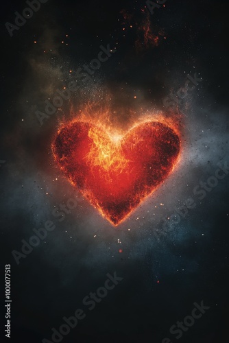 A glowing heart shape made of flames against a dark cosmic background
