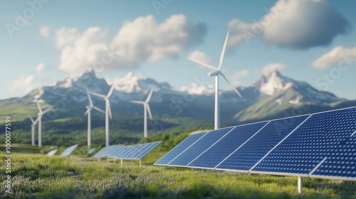 Renewable energy landscape featuring solar panels and wind turbines in a gree...