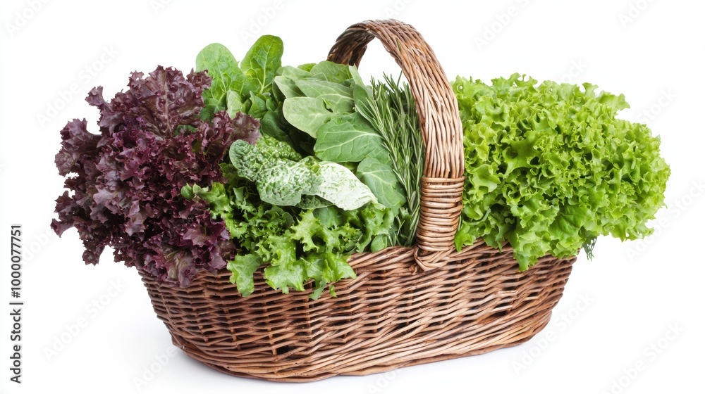 Woven Basket Filled with Assorted Fresh Leafy Greens and Veggies Woven Basket Filled with Assorted Fresh Leafy Greens and Veggies
