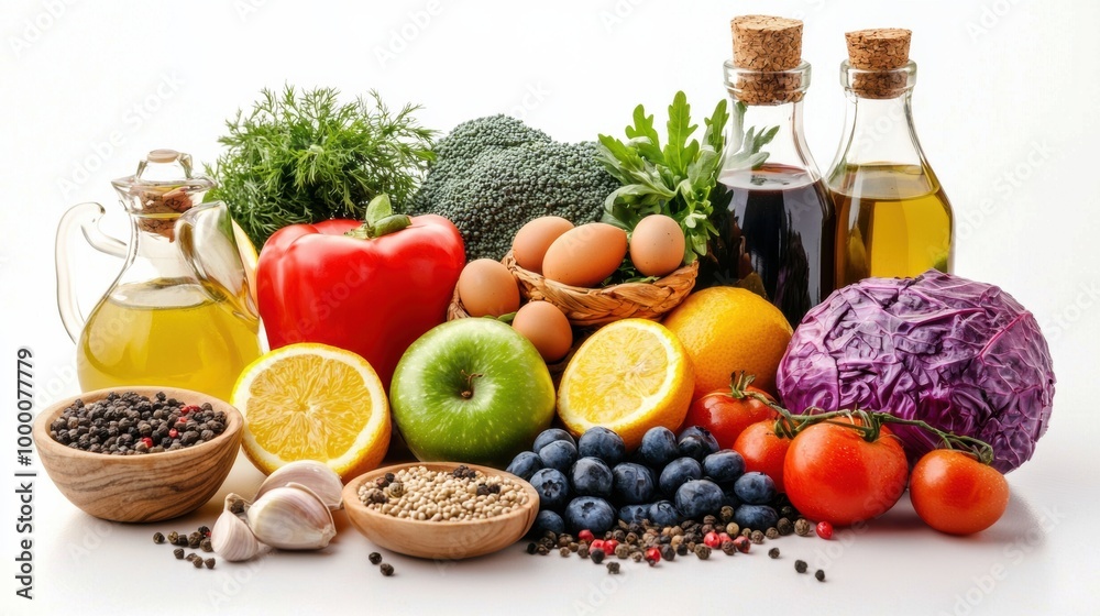Assortment of Fresh Healthy Vegetables Fruits Spices and Oils on White Background