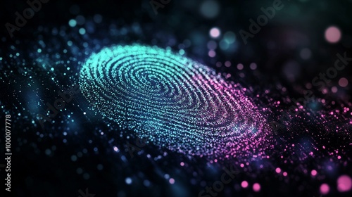 Colorful fingerprint design created with glowing dots against a dark background