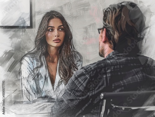 A mural of a beautiful model consulting with a doctor in a vibrant