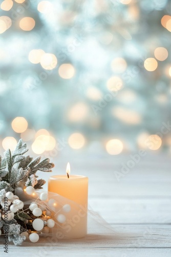 Warm candlelight shining beside a delicate bouquet on a wooden surface in a s...