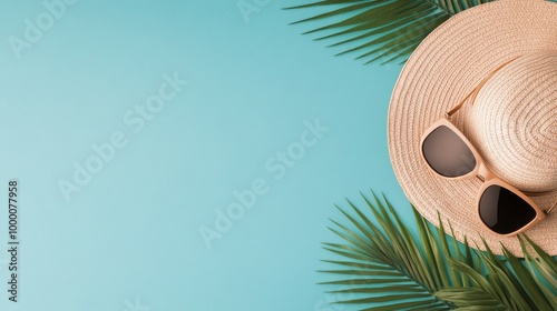 Stylish summer accessories on a vibrant blue background with tropical leaves