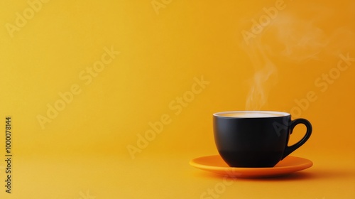 A steaming black coffee cup rests on an orange saucer against a bright yellow background