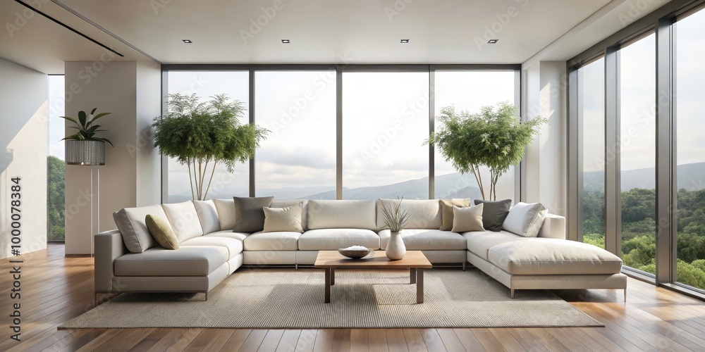 Modern Beige Sectional Sofa in Tranquil Living Room with Forest View - Elegant Interior Design Concept for Home Decor and Luxury Living Modern Beige Sectional Sofa in Tranquil Living Room with Forest View - Elegant Interior Design Concept for Home Decor and Luxury Living