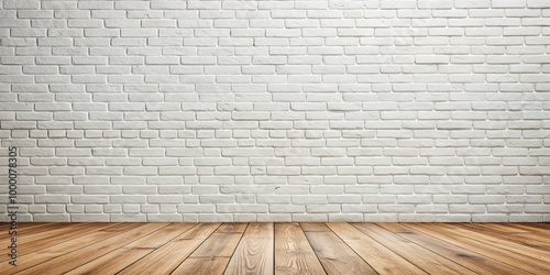 Minimalist White Brick Wall and Wooden Floor Composition, Rustic Elegance in Simple Interior Setting, Clean and Warm Design Background, Interior Design Inspiration for Modern