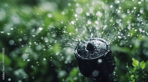 Close-up of a garden sprinkler spraying water on lush green plants during a s...