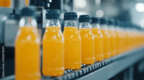 Bottles of orange juice moving along a production line in a busy factory duri...