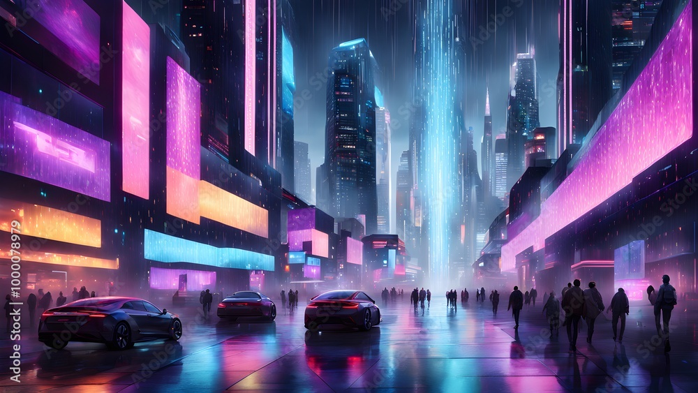 Fototapeta premium A futuristic city street scene at night with neon lights, skyscrapers, and people walking.