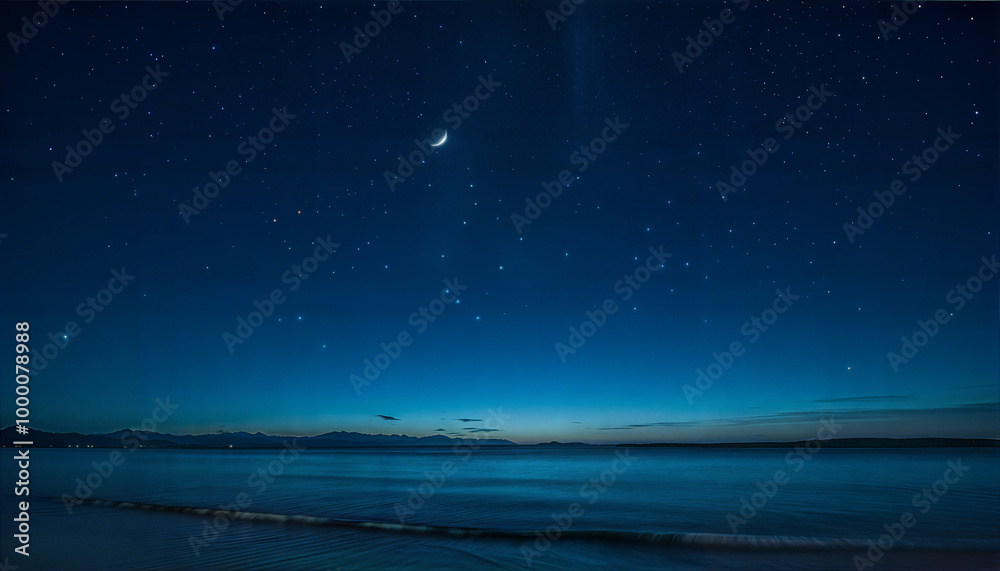 Background with starry night sky over calm ocean and soft waves gently lapping at the shore Background with starry night sky over calm ocean and soft waves gently lapping at the shore