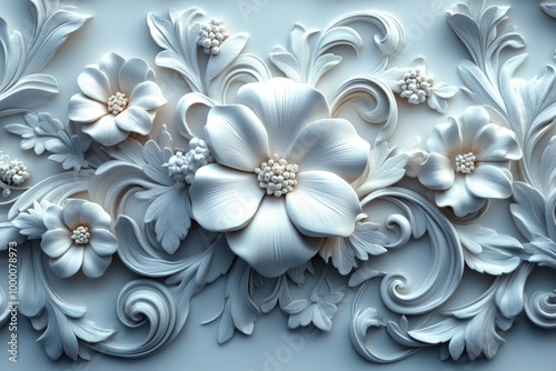 Wallpaper Mural Intricate White 3D Floral Pattern with Swirling Vines in a Seamless Design for Elegant Decor Torontodigital.ca