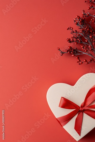 Heart-shaped gift box with red ribbon and decorative berries on a vibrant red...