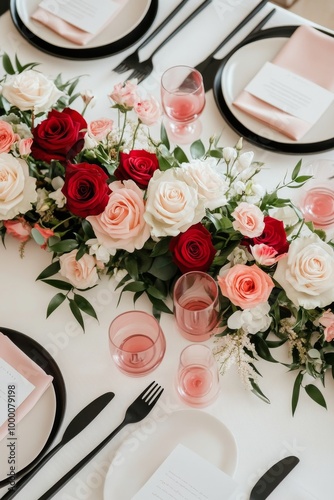 Elegant floral arrangement on dining table with romantic ambiance and soft pa...