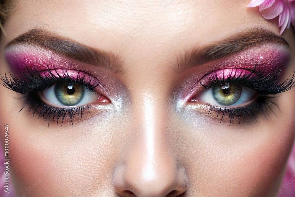 A woman with long lashes and pink makeup A woman with long lashes and pink makeup