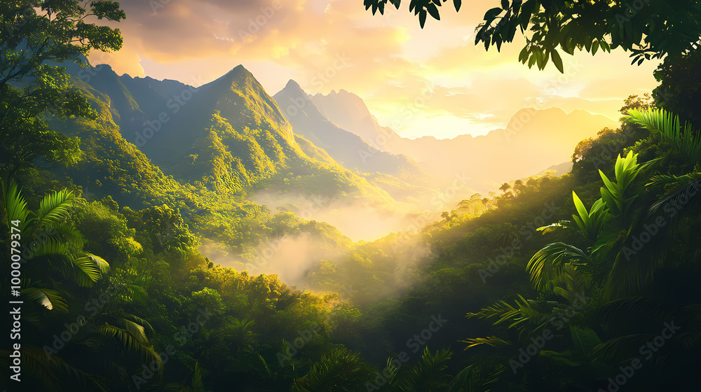 Tranquil misty rainforest with lush green foliage and majestic mountains at sunrise nature landscape digital painting. lush jungle. illustration. Misty Mountains. Illustration Tranquil misty rainforest with lush green foliage and majestic mountains at sunrise nature landscape digital painting. lush jungle. illustration. Misty Mountains. Illustration