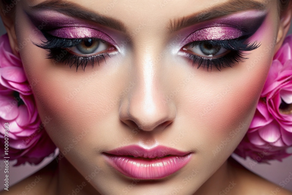 A woman with long lashes and pink makeup A woman with long lashes and pink makeup