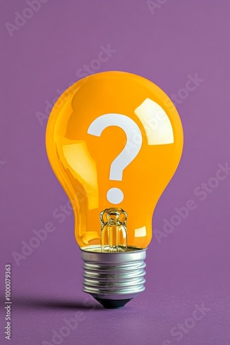 Yellow light bulb with question mark on purple background representing creativity and ideas photo