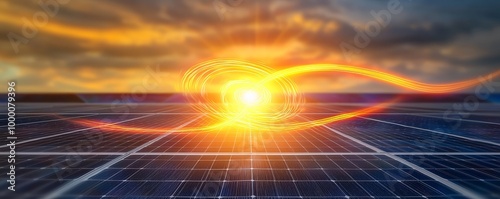 Solar panels under a vibrant sunset, showcasing renewable energy and sustainability.